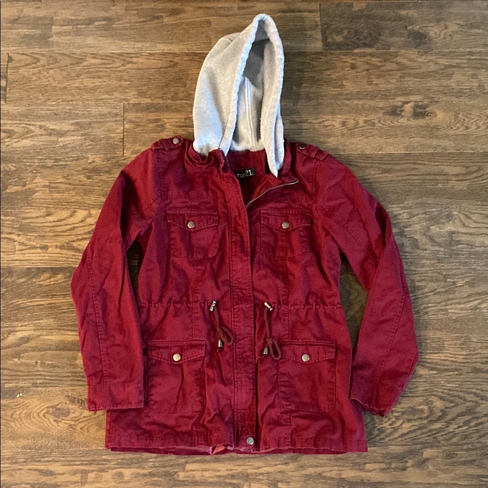 Rue21 Red Utility Jacket with Drawstring Waist and Hood